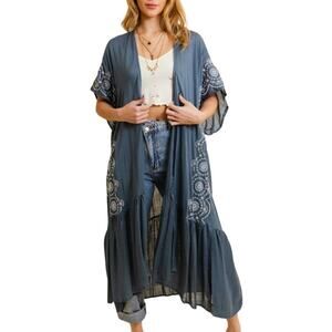 Boho Tribal Embroidered Kimono 1 Sz Lightweight Blue Grey Denim Style